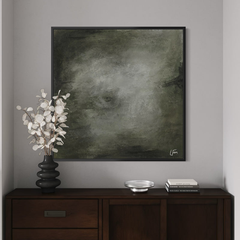 Elegant Abstract Wall Art Decor Styled With A Dark Wood Console, Sculptural Black Vase, And Neutral Decorative Books. Perfect For A Contemporary Living Room.