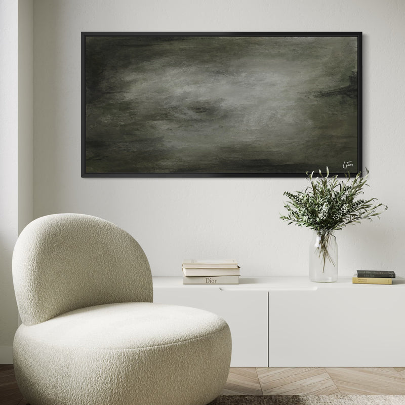 Modern Neutral Abstract Wall Art Styled With A Cream Bouclé Accent Chair, White Minimal Console, And Soft Neutral Decor. Perfect For A Calming Contemporary Living Room.