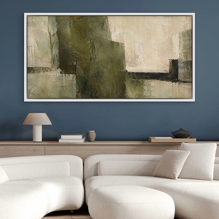 Olive Monolith green abstract panoramic framed canvas styled room view