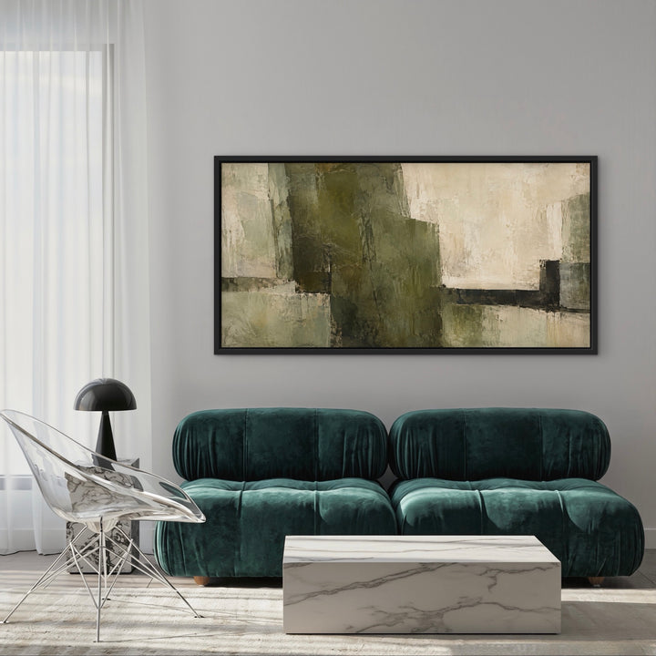 Olive Monolith green abstract panoramic framed canvas styled room view