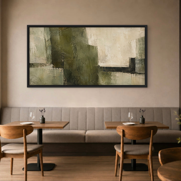 Olive Monolith green abstract panoramic framed canvas styled room view