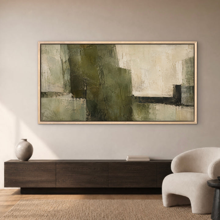 Olive Monolith green abstract panoramic framed canvas styled room view
