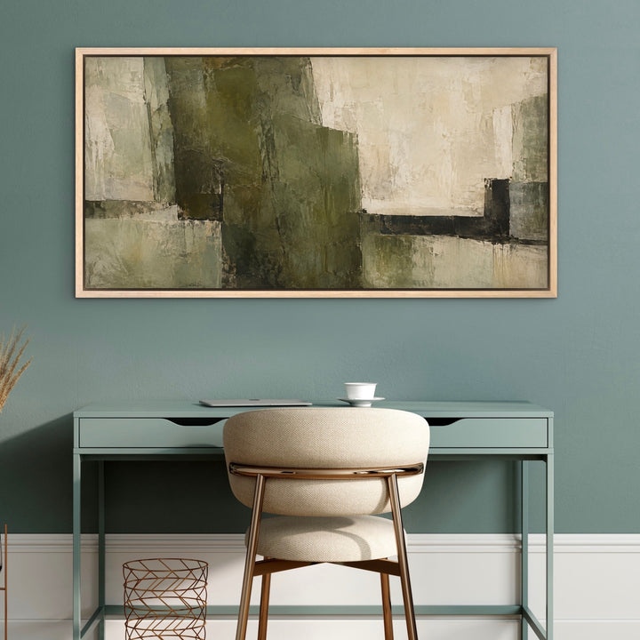 Olive Monolith green abstract panoramic framed canvas styled room view