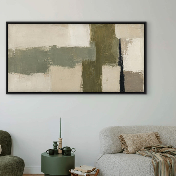 Olive Structure green and neutral panoramic framed canvas in a softly styled living room