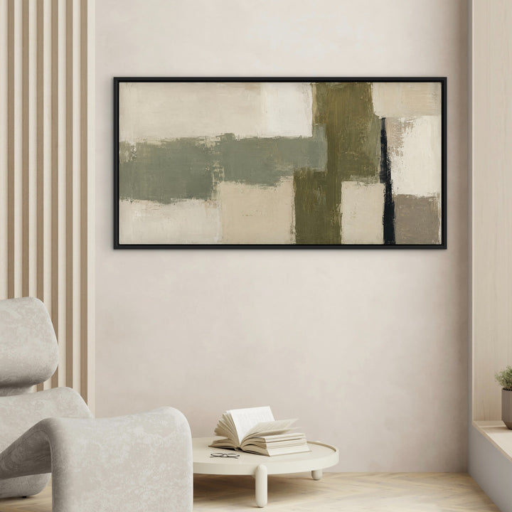 Olive Structure minimal green panoramic wall art in a quiet reading room