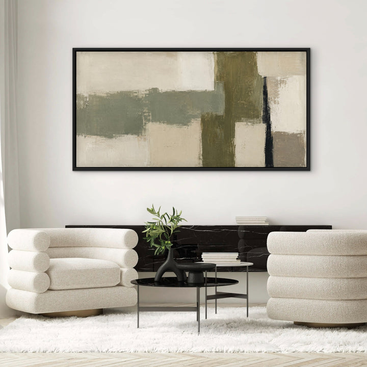 Olive Structure modern green panoramic framed canvas between two cream lounge chairs