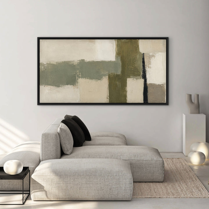 Olive Structure extra large abstract framed canvas above a contemporary neutral sofa
