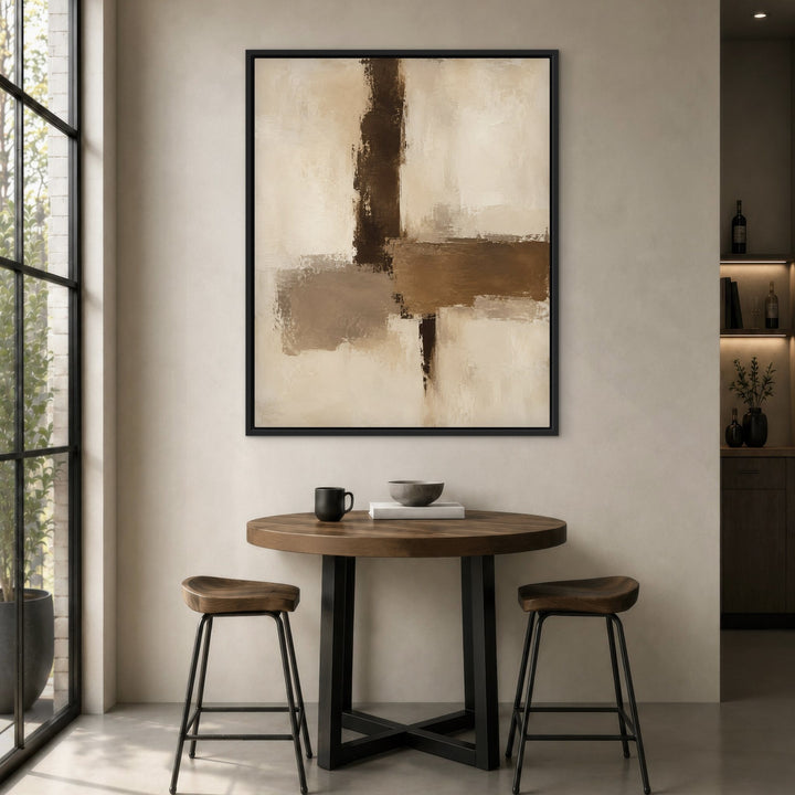 Parchment Cut abstract framed canvas by bistro table, black frame