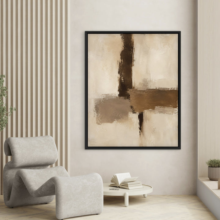 Parchment Cut abstract framed canvas by slatted wall, black frame