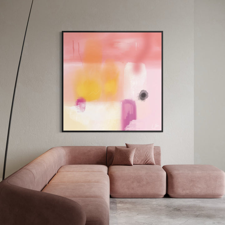Modern Contemporary Style Wall Art Styled With A Blush Velvet Sectional, Matching Throw Pillows, And A Minimal Black Arc Floor Lamp. Perfect For A Warm Modern Living Room.