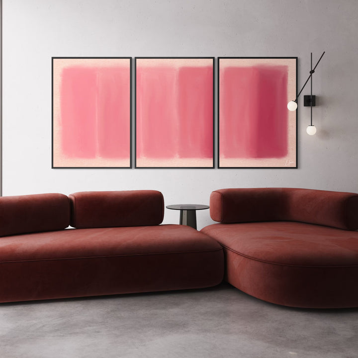 Modern Contemporary Style Wall Art Styled With A Terracotta Curved Sofa, Black Side Table, And Minimal Wall Lighting. Perfect For A Chic Modern Living Room.