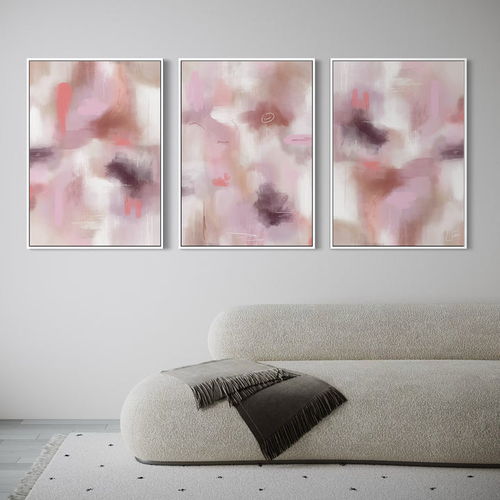 Modern Luxe Minimal Style Wall Art Styled With A Curved Bouclé Sofa, Charcoal Fringe Blanket, And A Light Neutral Interior. Perfect For An Elegant Modern Living Space.