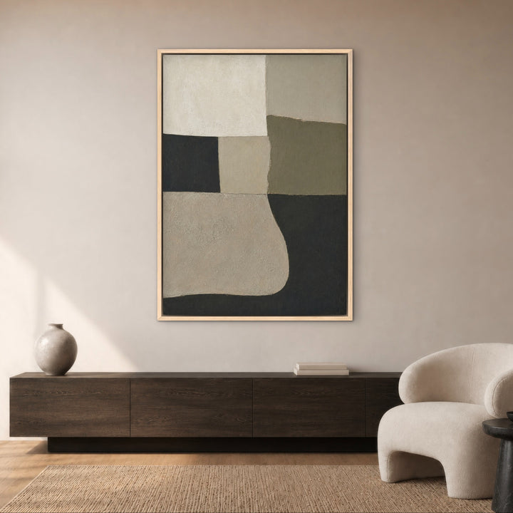 Quiet Geometry neutral sage and charcoal portrait canvas above a dark console