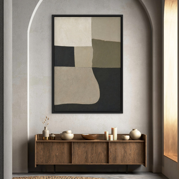 Quiet Geometry sage, cream and charcoal portrait framed canvas in a luxury arched interior