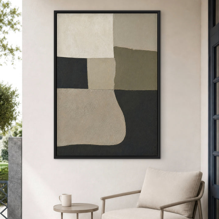 Quiet Geometry sage and charcoal portrait framed canvas in a minimal interior