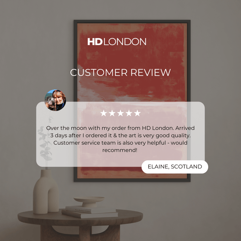 Client Review For Modern Minimal Style Wall Art Styled With A Round Wood Accent Table, Neutral Ceramic Vases, And Stacked Coffee Table Books. Perfect For A Bold Contemporary Living Space.