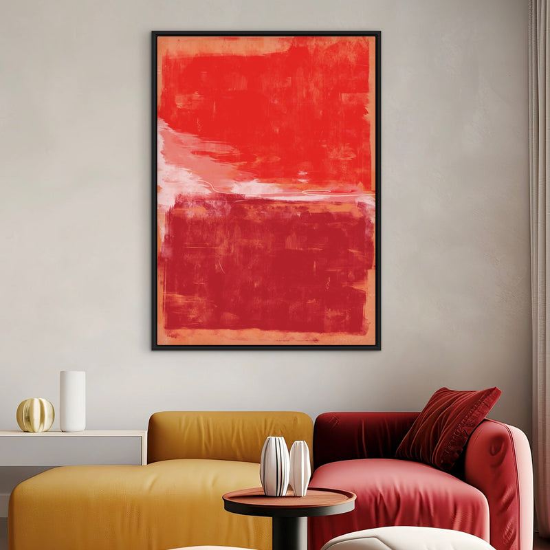 Modern Minimal Interior Wall Art Styled With A Mustard Lounge Chair, Deep Red Accent Sofa, Round Black Side Table, And Sculptural Ceramic Decor. Perfect For A Bold Contemporary Living Room.