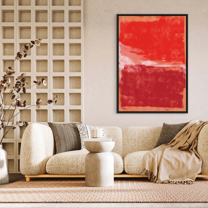 Modern Minimalist Interior Wall Art Styled With A Textured Beige Sofa, Patterned Throw Pillows, A Neutral Knit Throw, And A Sculptural Stone Side Table. Perfect For A Warm Contemporary Living Room.