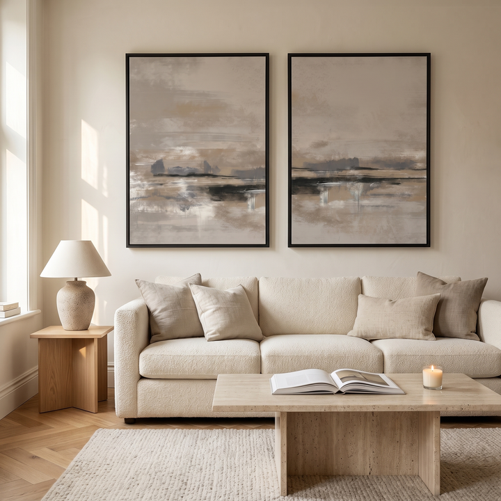 Rome set of 2 framed canvas in black frames above a cream boucle sofa - taupe, beige and charcoal abstract wall art pair
