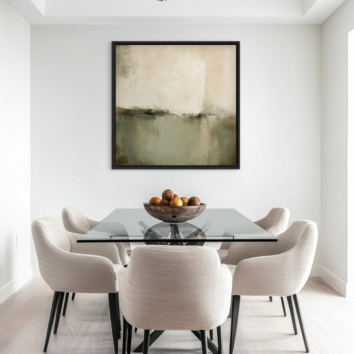 Sage Division green abstract framed canvas in a modern dining room