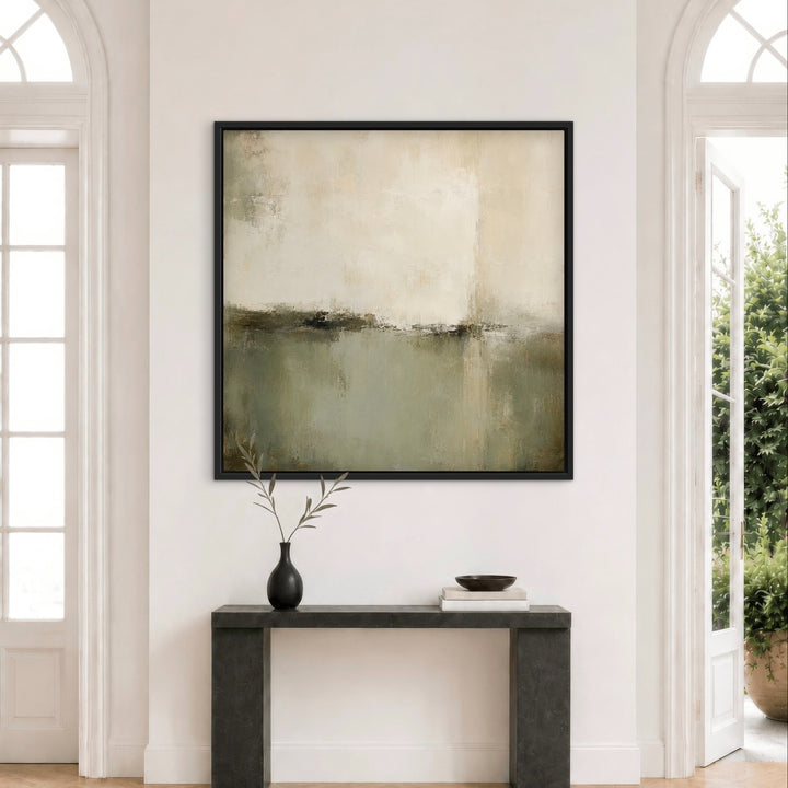 Large Sage Division square framed canvas above a luxury console table