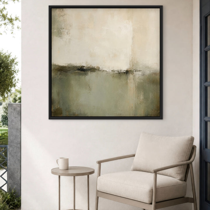 Sage Division olive and sage framed canvas in a calm contemporary space