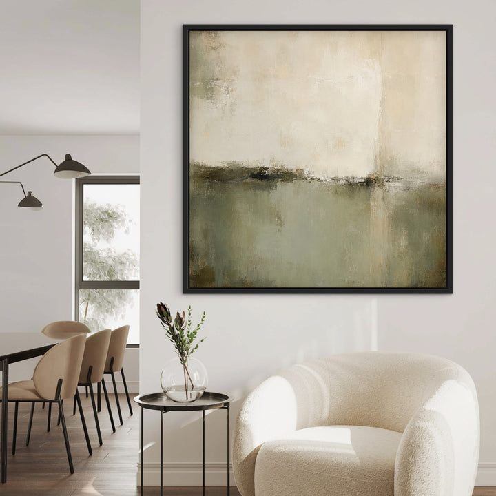Sage Division square green abstract framed canvas in a luxury neutral interior