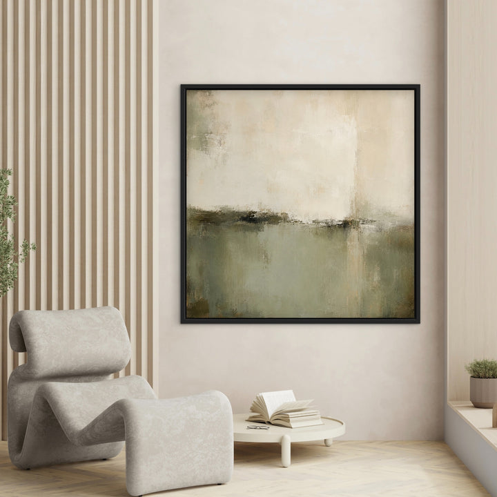 Sage Division square sage green wall art above a sculptural chair