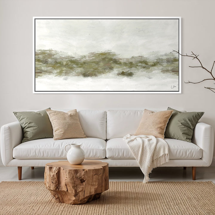 Modern Organic Abstract Wall Art Style Styled With A White Sofa, Natural Wood Block Coffee Table, And Soft Neutral Pillows. Perfect For A Calm Contemporary Living Room.