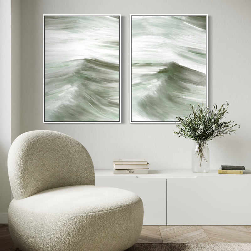 Abstract Modern Wall Art Styled With A Cream Bouclé Accent Chair, White Minimal Console, And Soft Neutral Decor. Perfect For A Calming Contemporary Living Room.