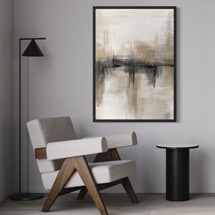 Modern Luxe Minimalist Wall Art Styled With A Mid-Century Lounge Chair, Black Accent Lamp, And A Round Black Side Table. Perfect For A Sleek Contemporary Reading Corner.
