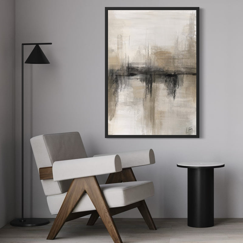Modern Luxe Minimalist Wall Art Styled With A Mid-Century Lounge Chair, Black Accent Lamp, And A Round Black Side Table. Perfect For A Sleek Contemporary Reading Corner.