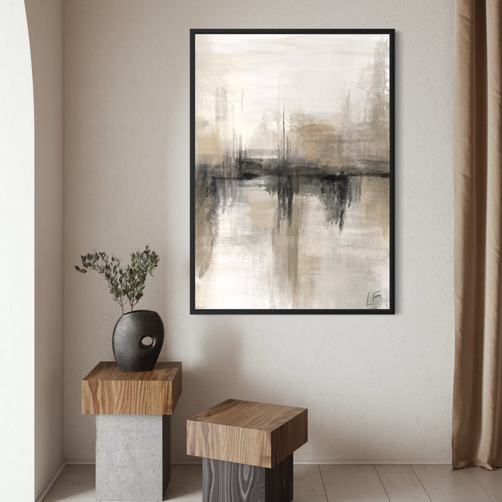 Modern Luxe Minimalist Wall Art Styled With Sculptural Wood And Concrete Pedestals, A Black Ceramic Vase, And Soft Neutral Drapes. Perfect For A Warm Contemporary Living Space.