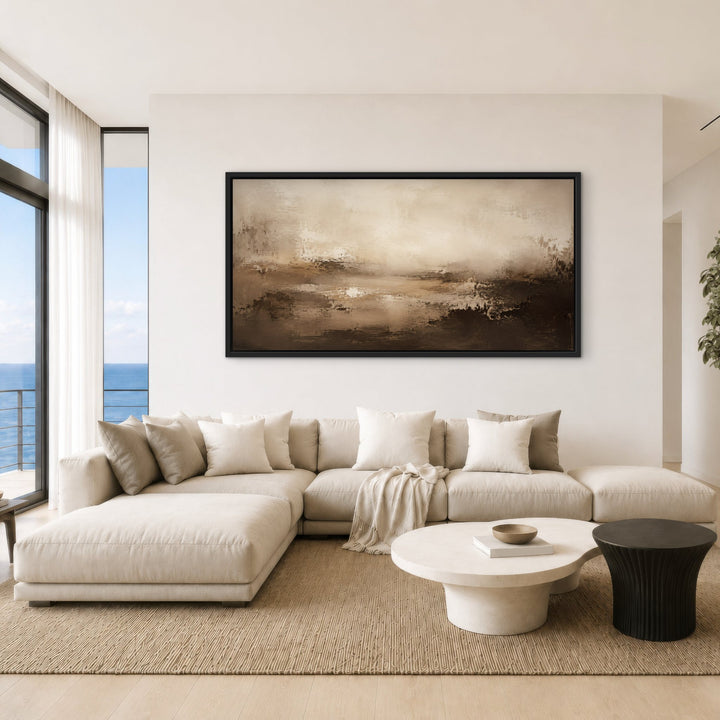 Sorrento Cacao brown abstract framed canvas above beige sectional, black frame