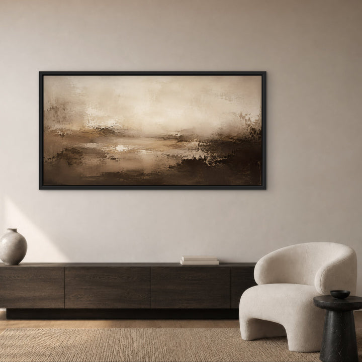Sorrento Cacao panoramic brown abstract framed canvas above cream sofa, black frame