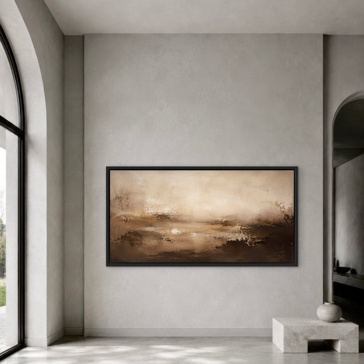 Sorrento Cacao brown abstract framed canvas on grey plaster wall, black frame
