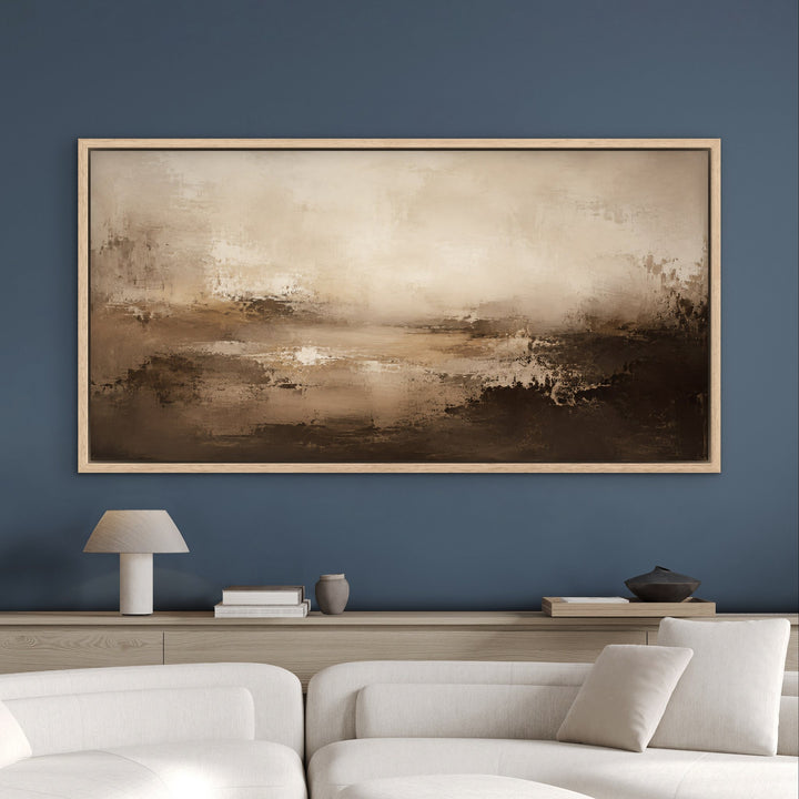 Sorrento Cacao brown abstract framed canvas in oak frame on blue wall