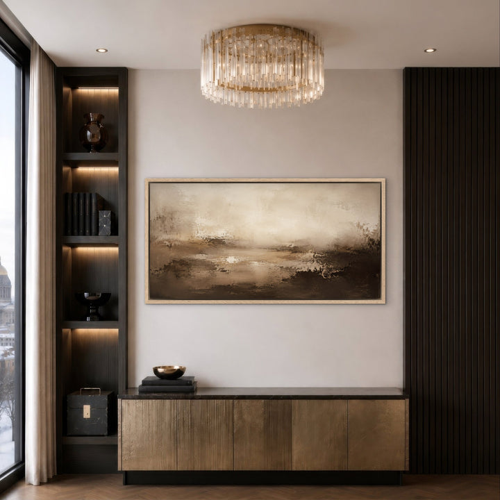 Sorrento Cacao brown abstract framed canvas in oak frame, luxury room