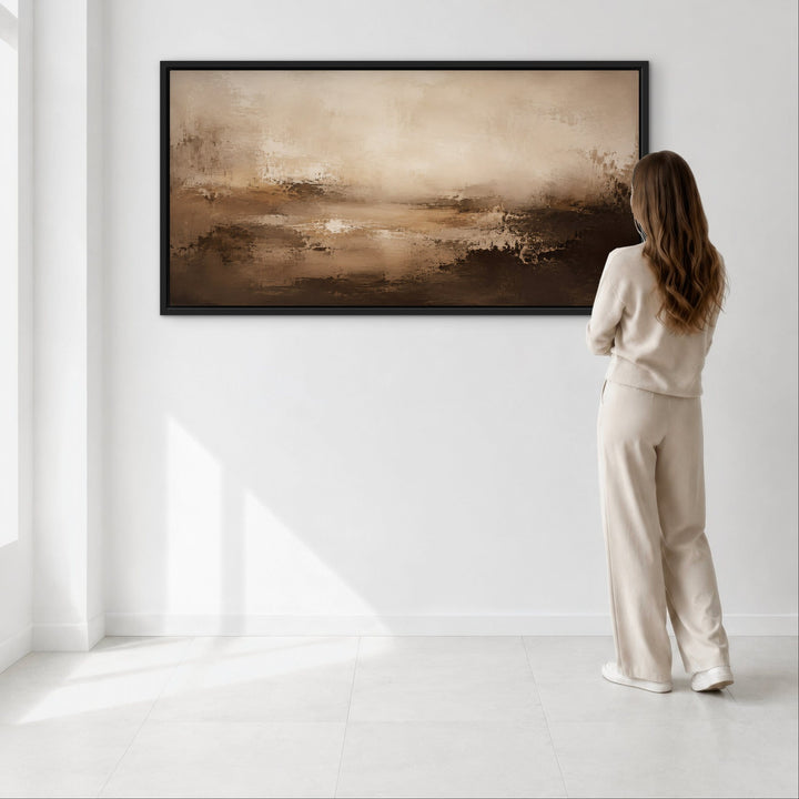 Sorrento Cacao brown abstract framed canvas scale view, black frame
