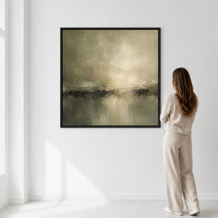 Stillwater Dark 100cm square wall art shown with a person for scale