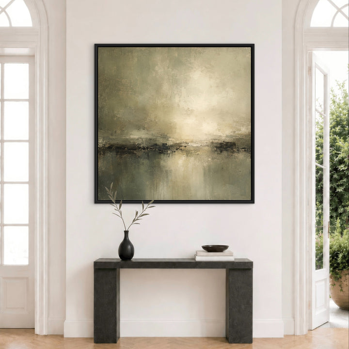 Large Stillwater Dark square wall art above a refined console table