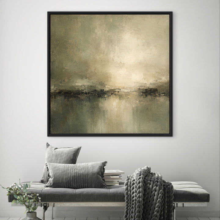 Moody green Stillwater Dark framed canvas above a grey sofa