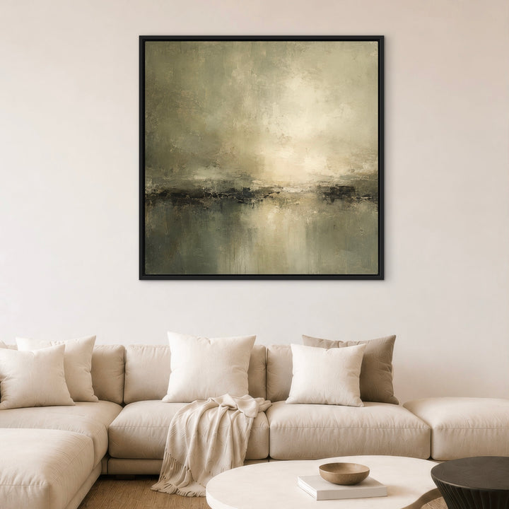 Stillwater Dark square abstract art above a cream sofa