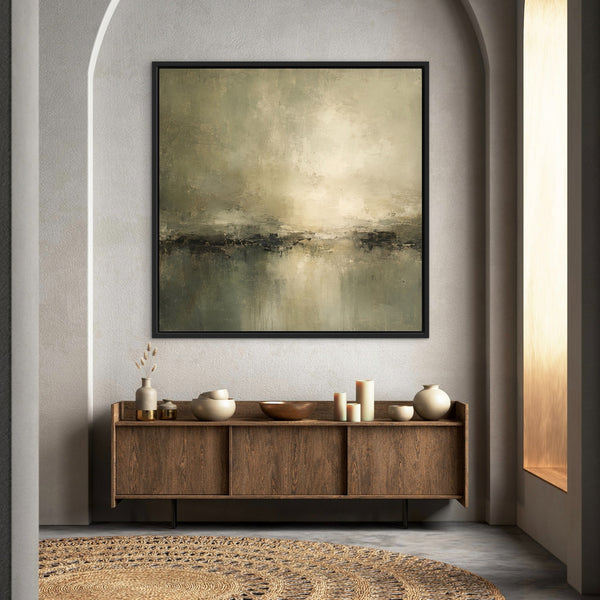 Stillwater Dark square green abstract framed canvas in a moody luxury interior HD London Art