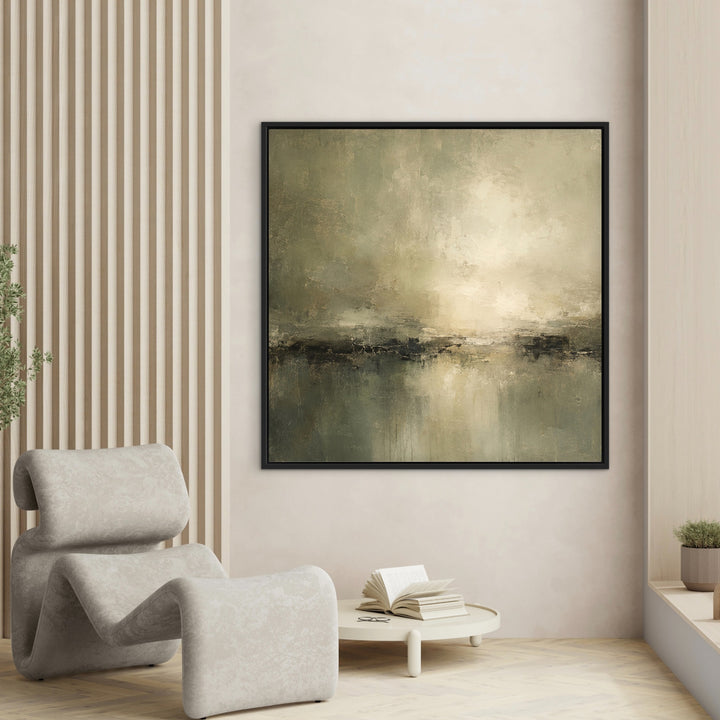 Stillwater Dark textured green wall art beside a sculptural neutral chair