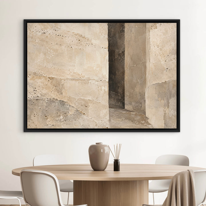 Stone Passage neutral architectural landscape framed canvas above a dining table