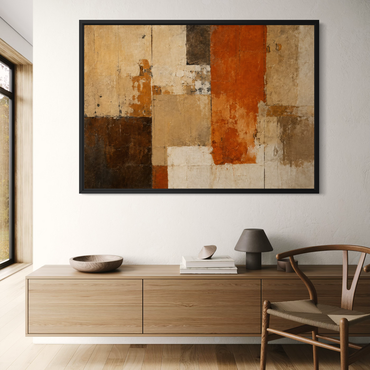 Terracotta Archive framed canvas styled above a modern console