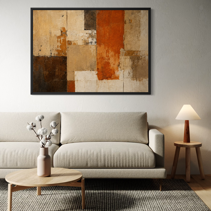 Terracotta Archive framed canvas in a warm neutral living room