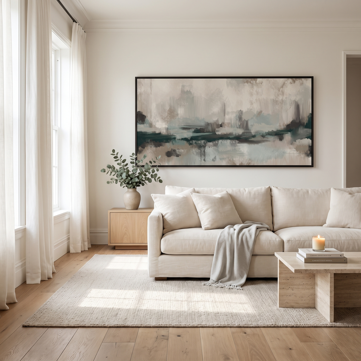 The Forest panoramic framed canvas in black frame in a bright living room with linen sofa - green abstract wall art