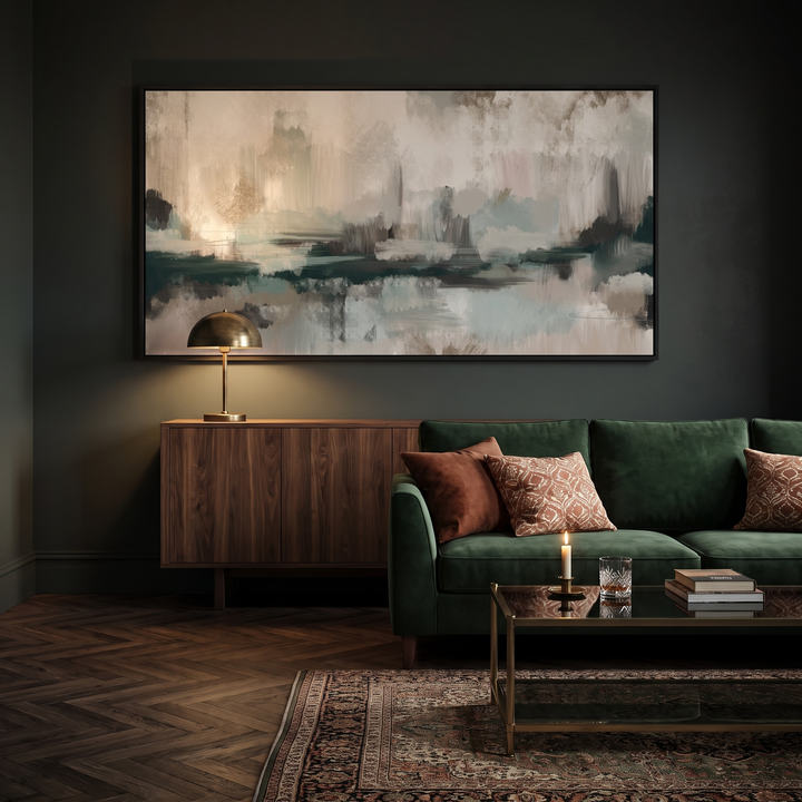 The Forest panoramic framed canvas in black frame on a dark green wall with velvet sofa and brass lamp - green abstract wall art